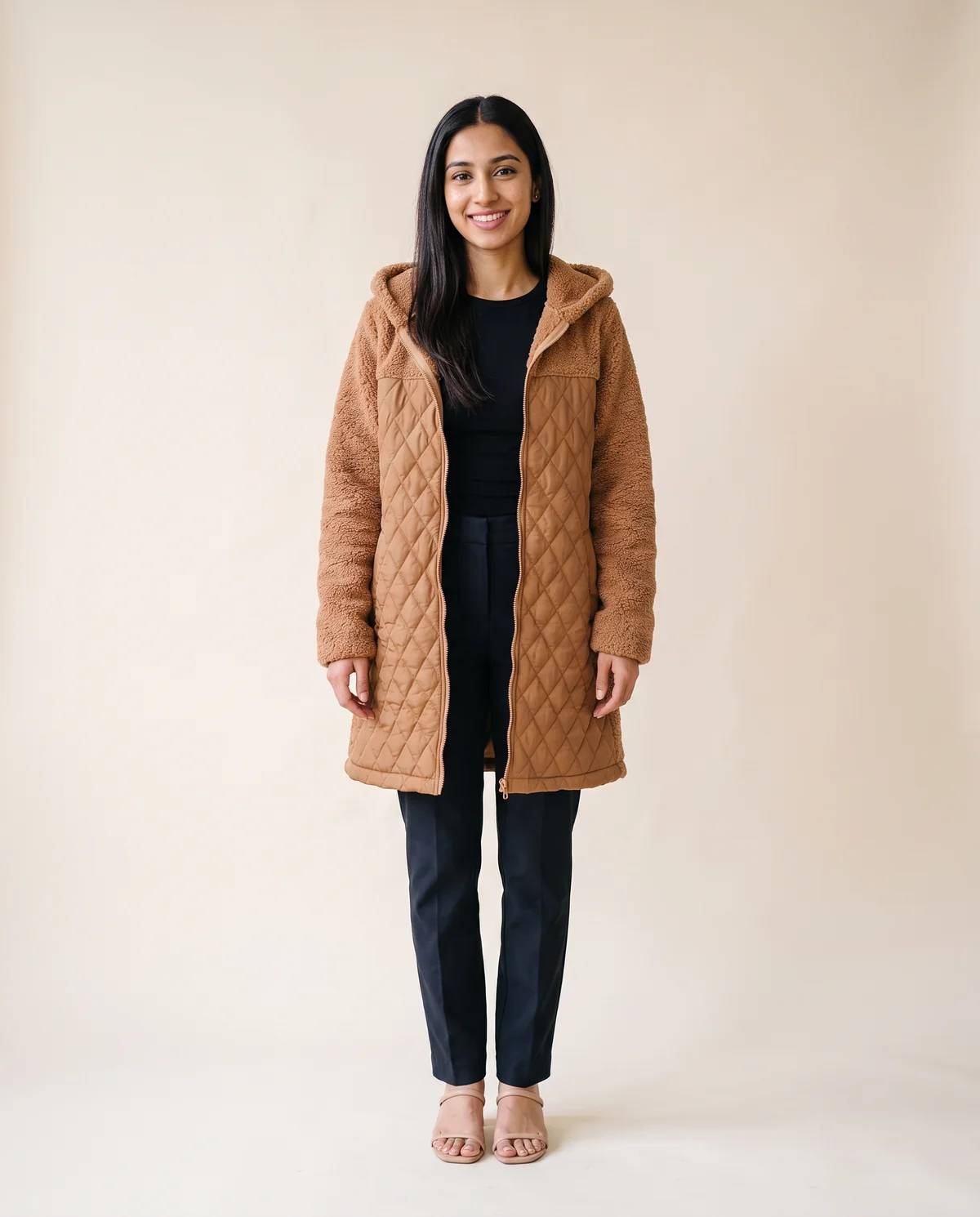 Quilted Teddy Hooded Coat in Caramel, front view, worn by Priya