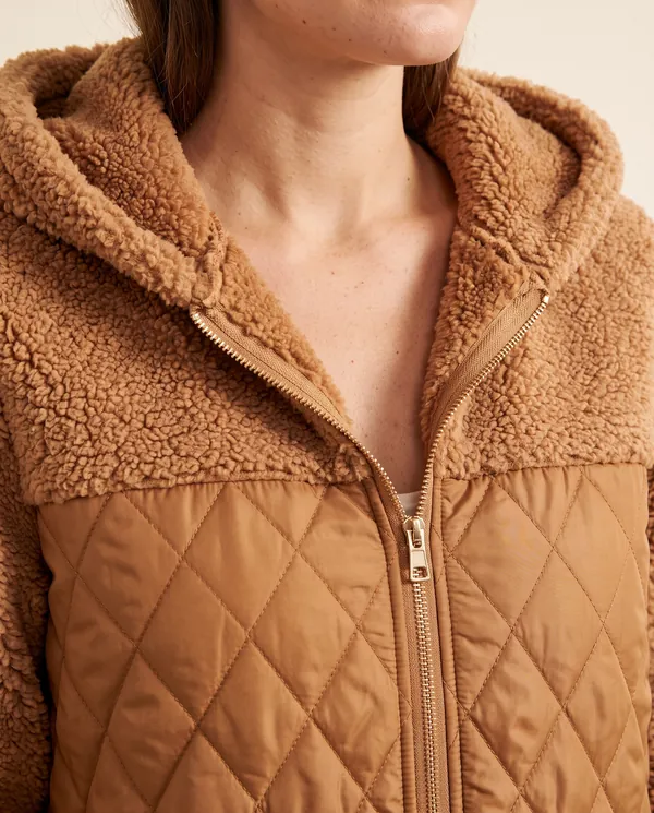 Quilted Teddy Hooded Coat in Caramel, close-up of the detail