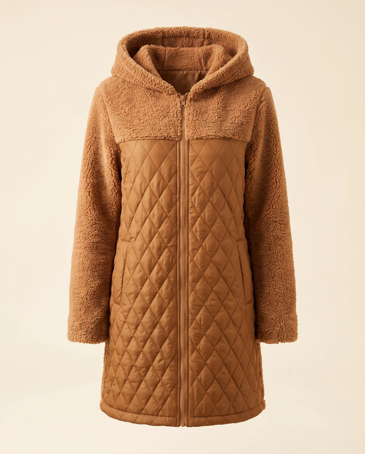 Quilted Teddy Hooded Coat in Caramel, product shot on a plain background