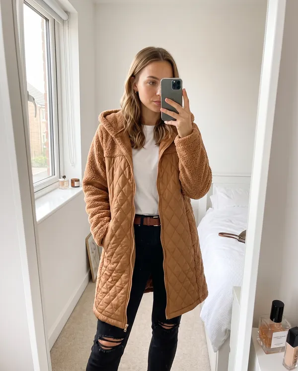 Satin Eve styling: Quilted Teddy Hooded Coat