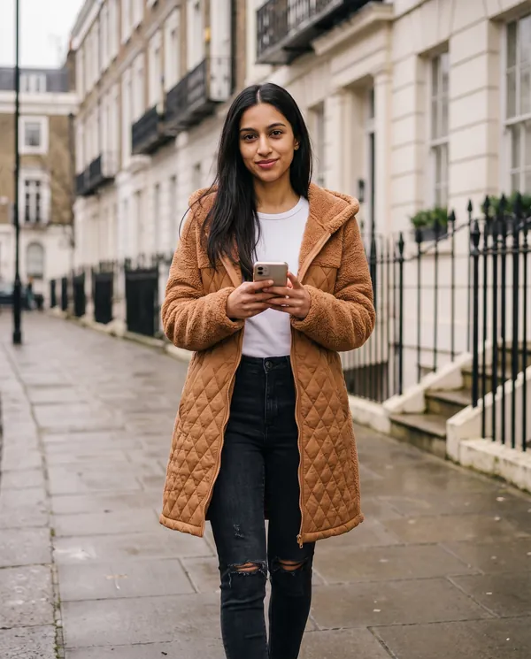Satin Eve styling: Quilted Teddy Hooded Coat