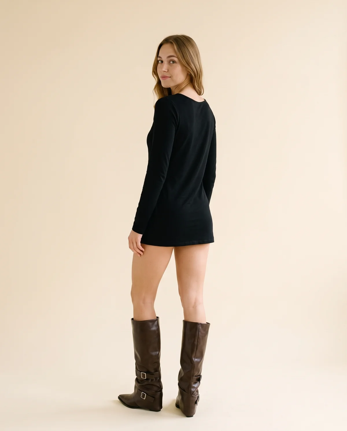 Fold-Over Buckle Pointed Boot in Chocolate, back view, worn by Ava