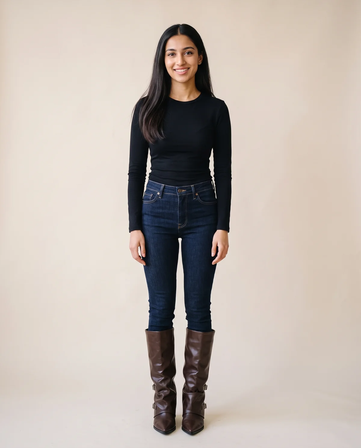 Fold-Over Buckle Pointed Boot in Chocolate, front view, worn by Priya