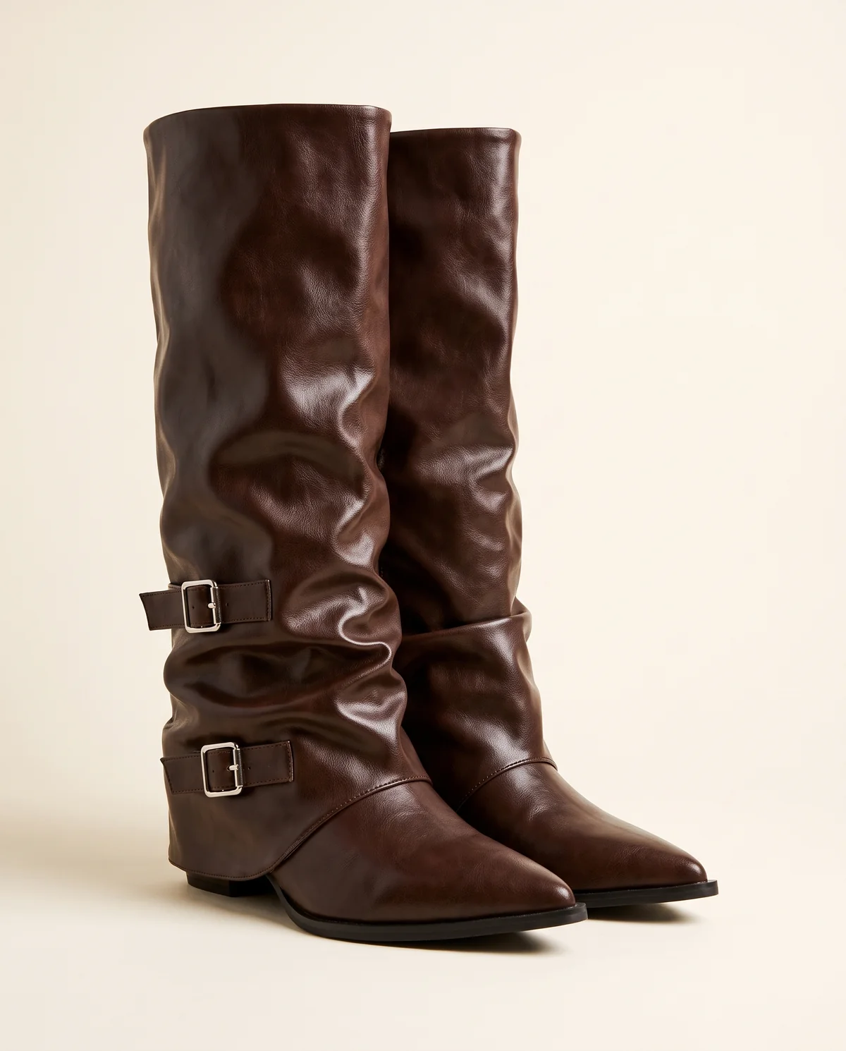 Fold-Over Buckle Pointed Boot in Chocolate, product shot on a plain background