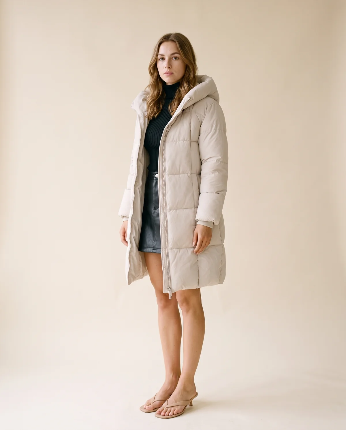 Straight Hooded Puffer Coat in Stone, side view, worn by Ava