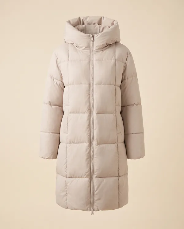Straight Hooded Puffer Coat in Stone, product shot on a plain background