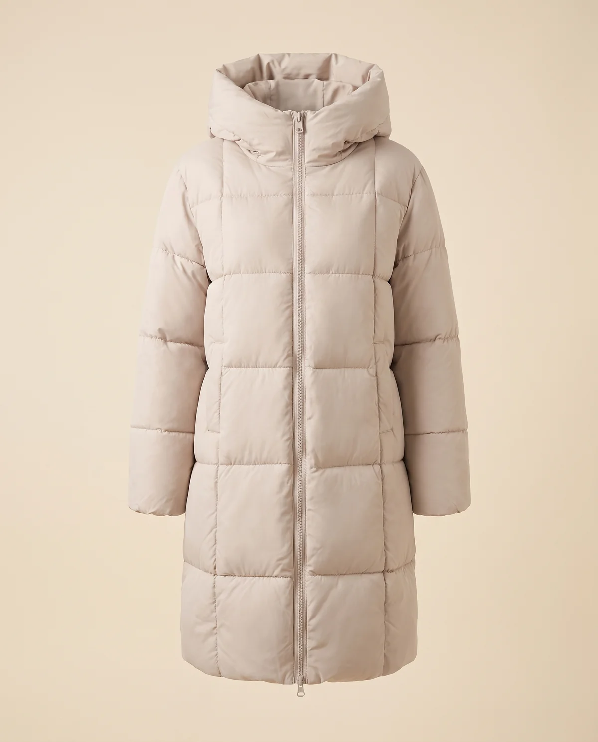 Straight Hooded Puffer Coat in Stone, product shot on a plain background