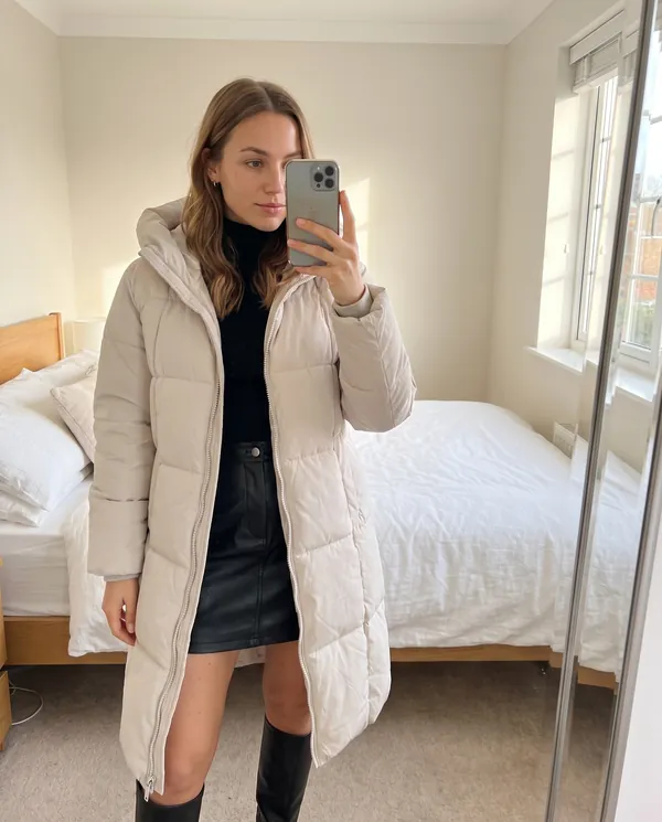 Satin Eve styling: Straight Hooded Puffer Coat