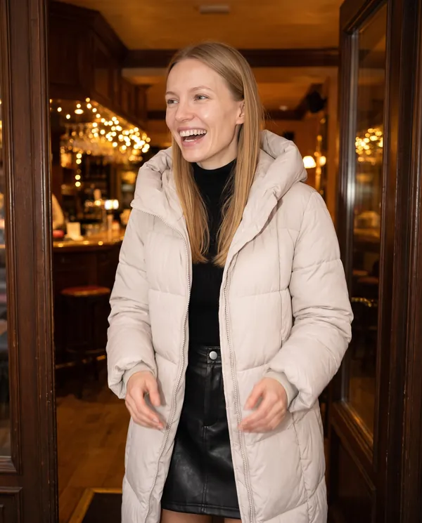 Satin Eve styling: Straight Hooded Puffer Coat