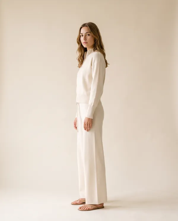 Cream Zip Cardigan and Wide-Leg Knit Trouser Set in Cream, side view, worn by Ava