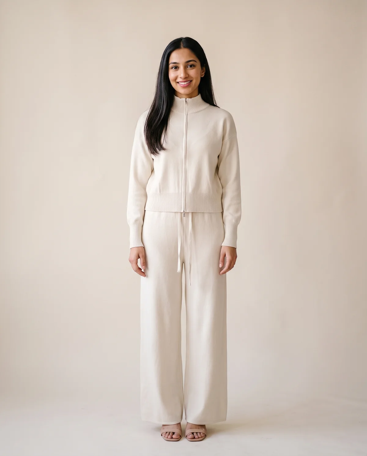 Cream Zip Cardigan and Wide-Leg Knit Trouser Set in Cream, front view, worn by Priya