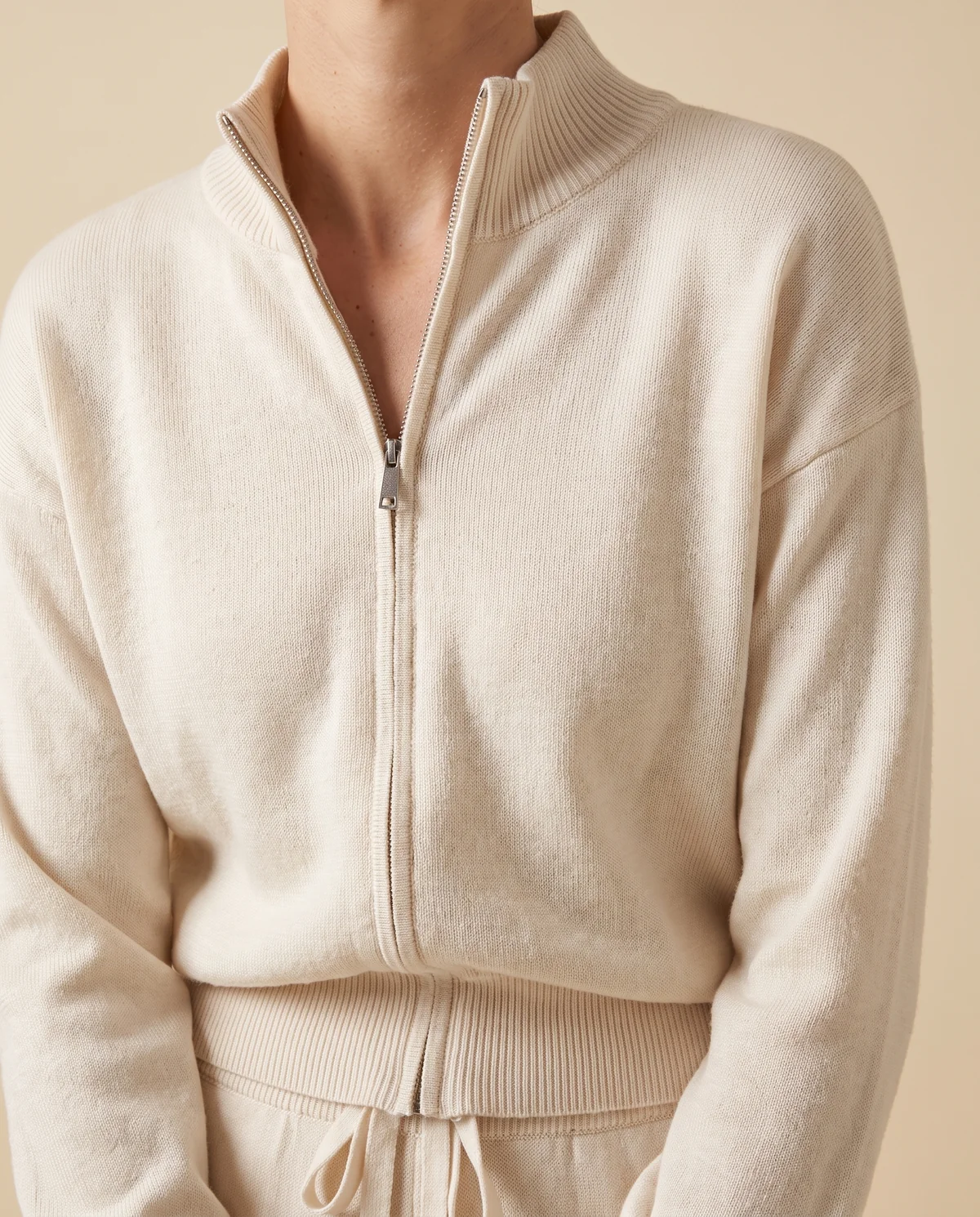 Cream Zip Cardigan and Wide-Leg Knit Trouser Set in Cream, close-up of the detail