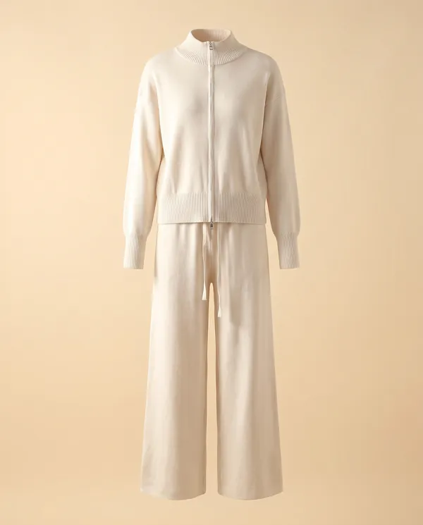 Cream Zip Cardigan and Wide-Leg Knit Trouser Set in Cream, product shot on a plain background