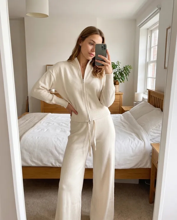 Satin Eve styling: Cream Zip Cardigan and Wide-Leg Knit Trouser Set