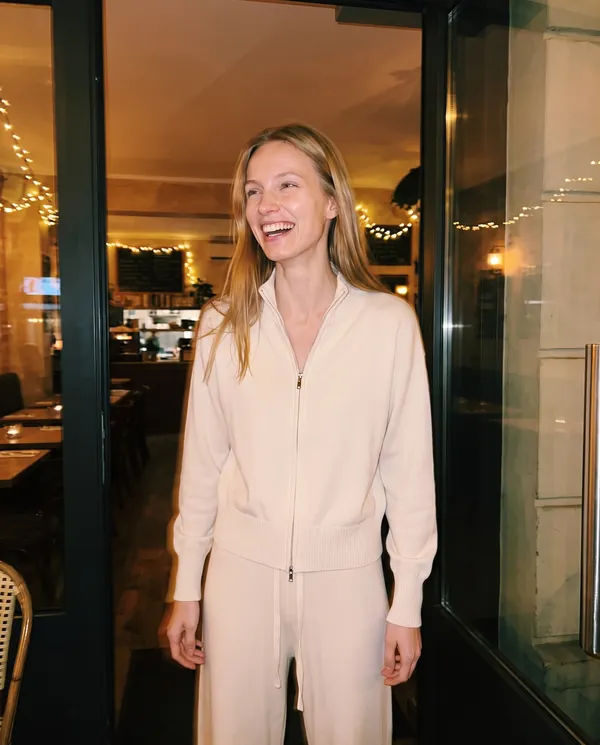 Satin Eve styling: Cream Zip Cardigan and Wide-Leg Knit Trouser Set