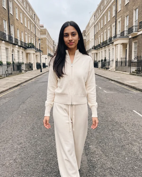 Satin Eve styling: Cream Zip Cardigan and Wide-Leg Knit Trouser Set
