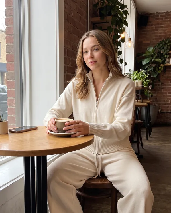Satin Eve styling: Cream Zip Cardigan and Wide-Leg Knit Trouser Set