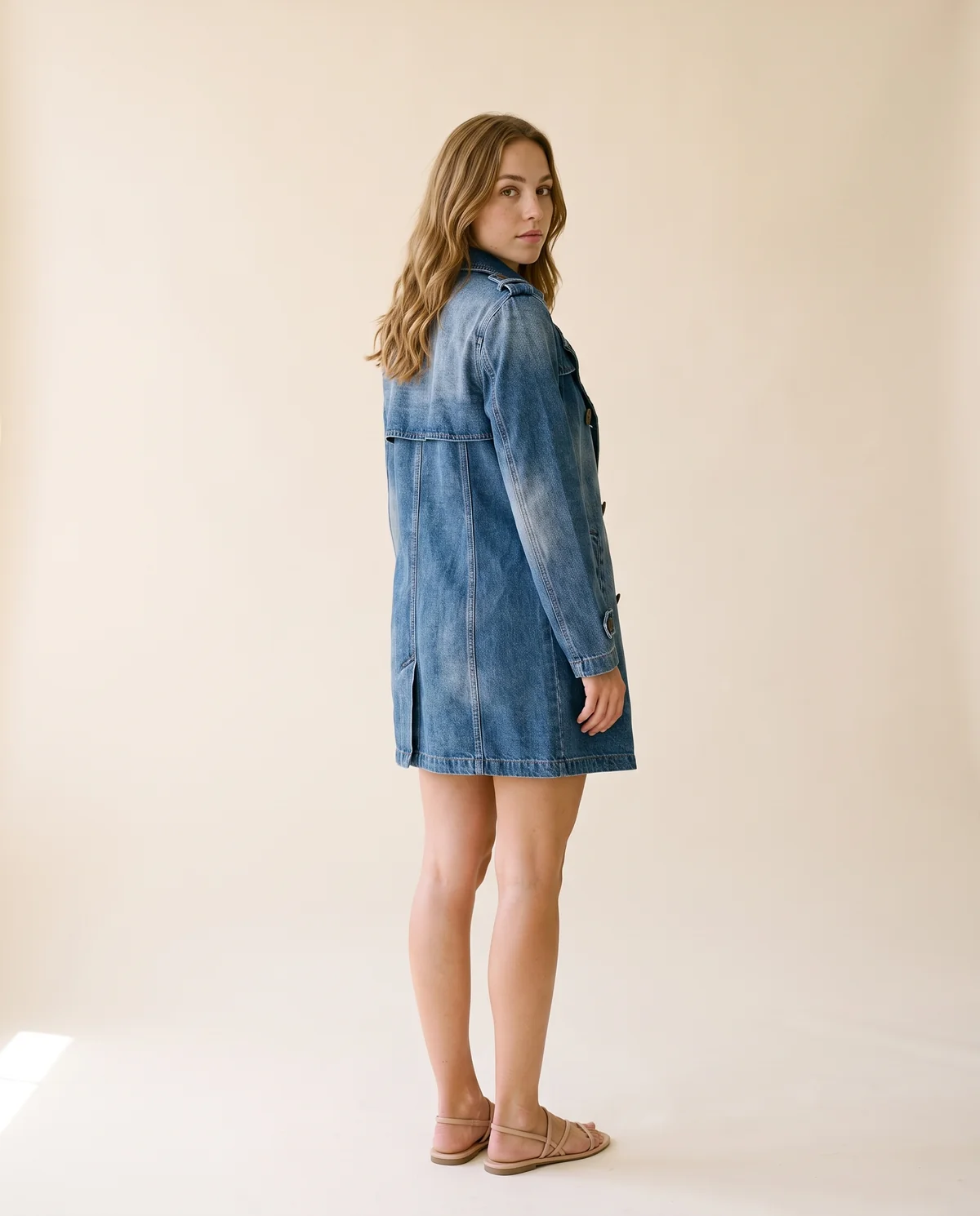 Double-Breasted Denim Trench Coat in Washed Blue, back view, worn by Ava