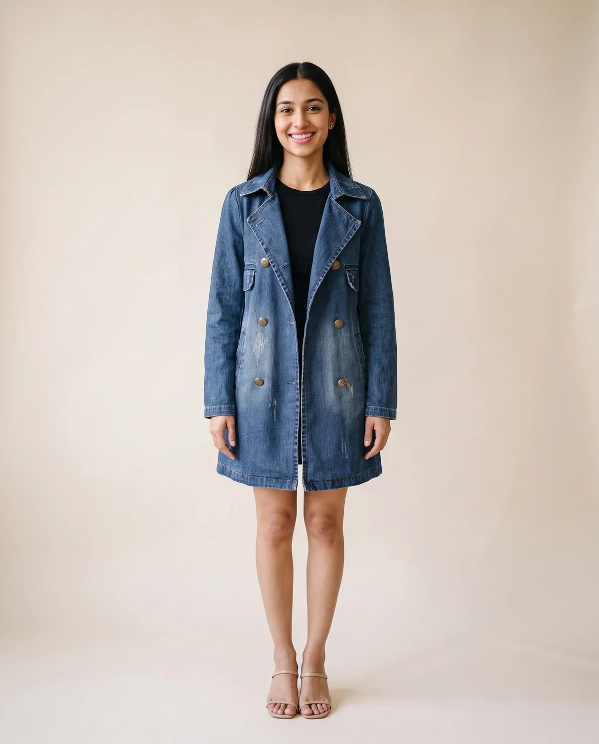 Double-Breasted Denim Trench Coat in Washed Blue, front view, worn by Priya