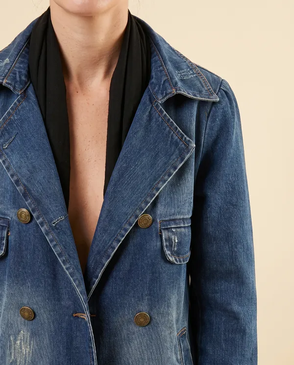 Double-Breasted Denim Trench Coat in Washed Blue, close-up of the detail