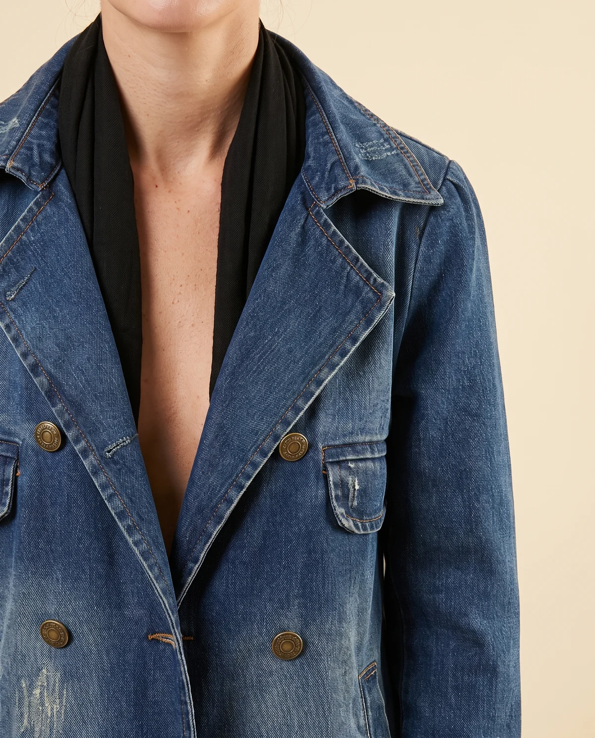 Double-Breasted Denim Trench Coat in Washed Blue, close-up of the detail