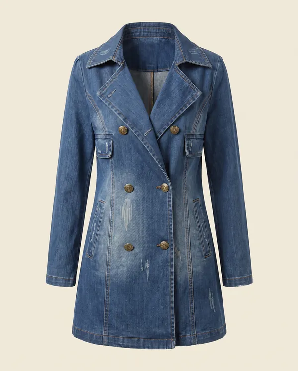 Double-Breasted Denim Trench Coat in Washed Blue, product shot on a plain background