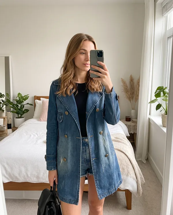 Satin Eve styling: Double-Breasted Denim Trench Coat