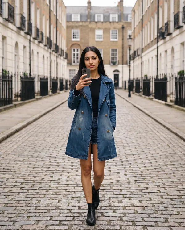 Satin Eve styling: Double-Breasted Denim Trench Coat