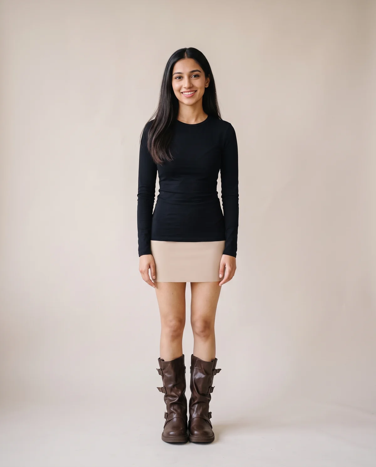 Triple-Buckle Slouch Mid-Calf Boot in Chocolate, front view, worn by Priya