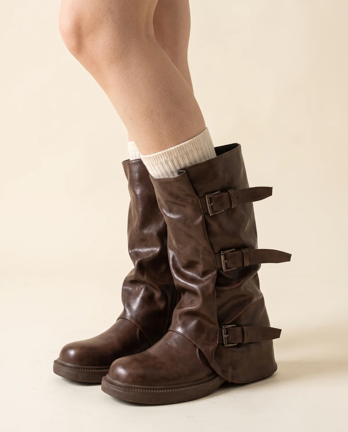 Triple-Buckle Slouch Mid-Calf Boot in Chocolate, close-up of the detail