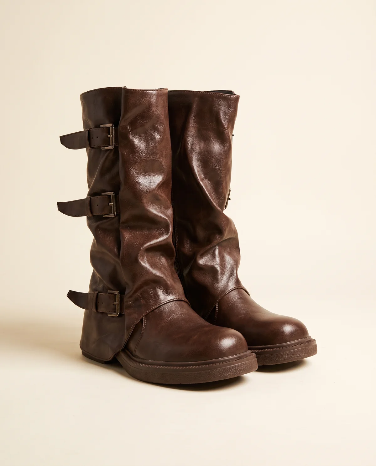 Triple-Buckle Slouch Mid-Calf Boot in Chocolate, product shot on a plain background