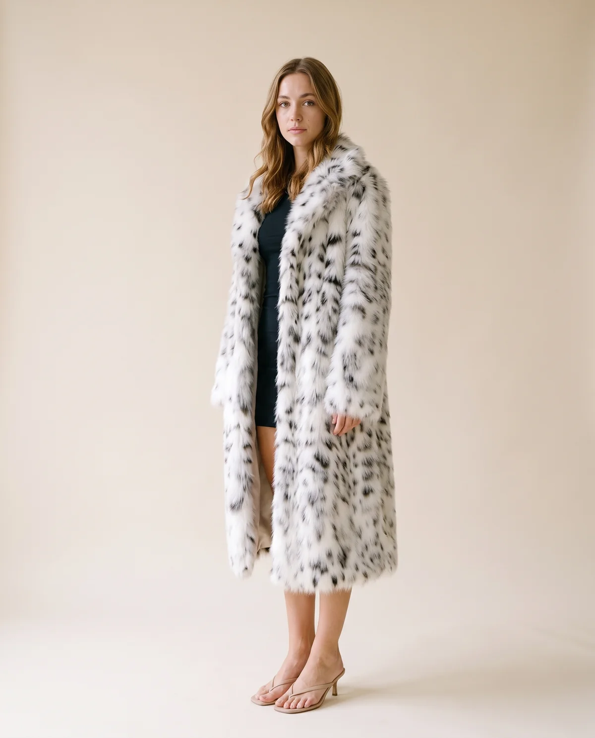 Snow Leopard Faux Fur Coat in Snow Leopard, side view, worn by Ava