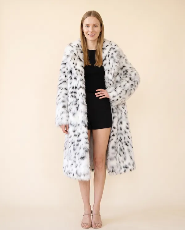 Snow Leopard Faux Fur Coat in Snow Leopard, front view, worn by Maya
