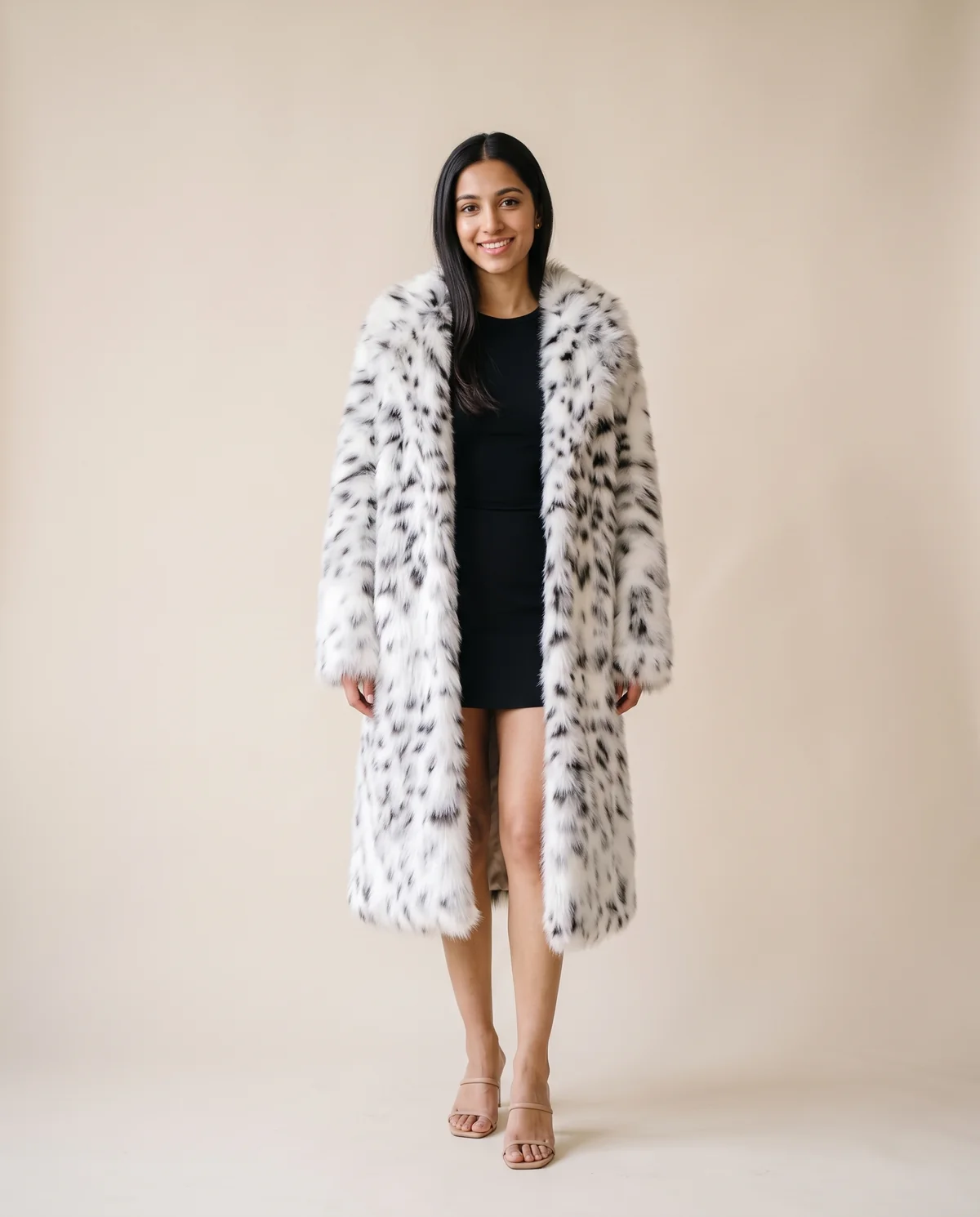 Snow Leopard Faux Fur Coat in Snow Leopard, front view, worn by Priya