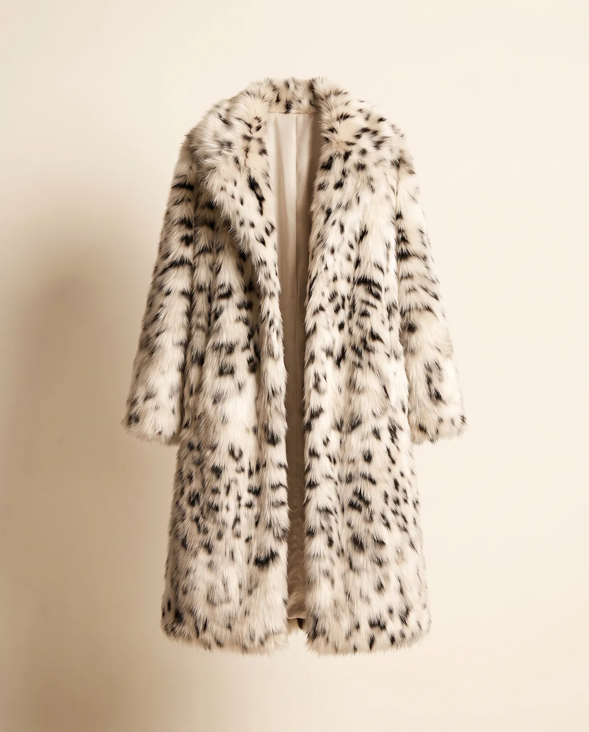 Snow Leopard Faux Fur Coat in Snow Leopard, product shot on a plain background