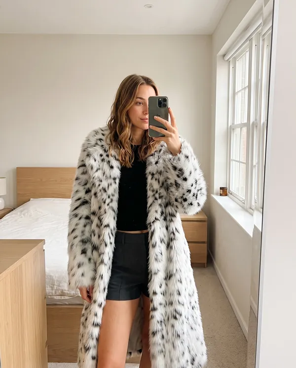 Satin Eve styling: Snow Leopard Faux Fur Coat