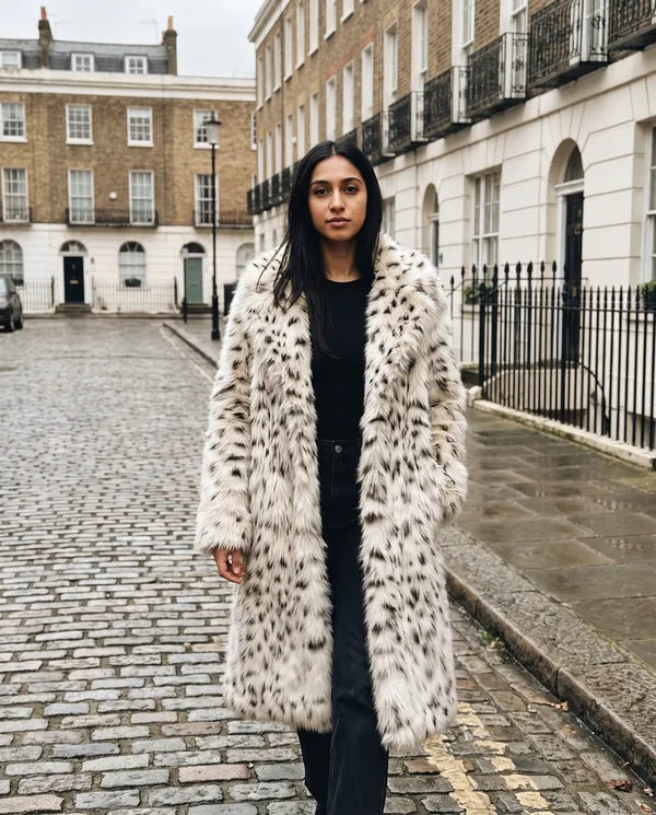 Satin Eve styling: Snow Leopard Faux Fur Coat