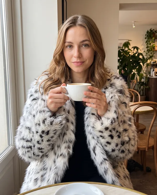 Satin Eve styling: Snow Leopard Faux Fur Coat