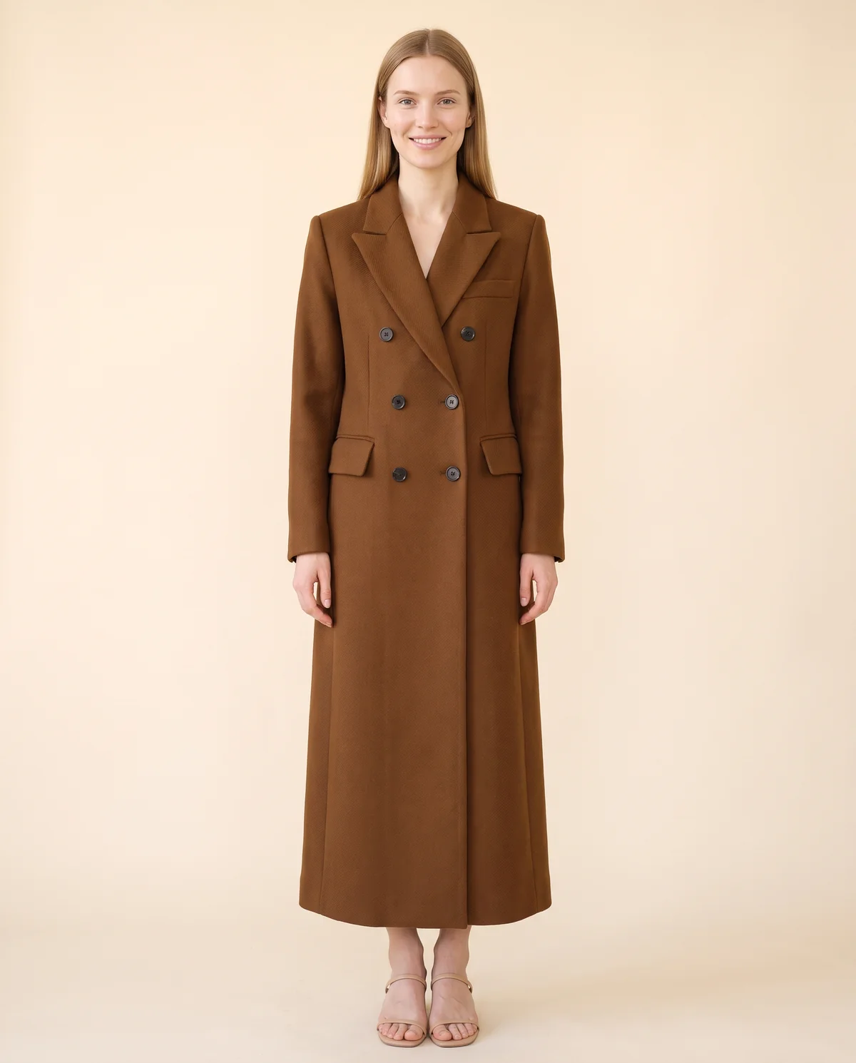 Double-Breasted Maxi Wool-Look Coat with Flap Pockets in Brown, front view, worn by Maya