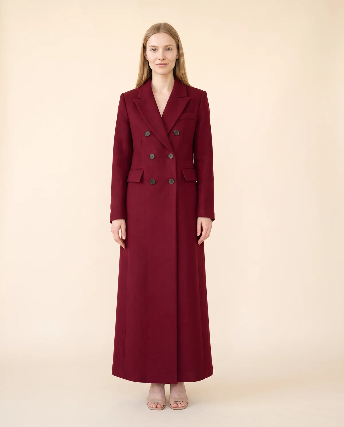 Double-Breasted Maxi Wool-Look Coat with Flap Pockets in Burgundy, front view, worn by Maya