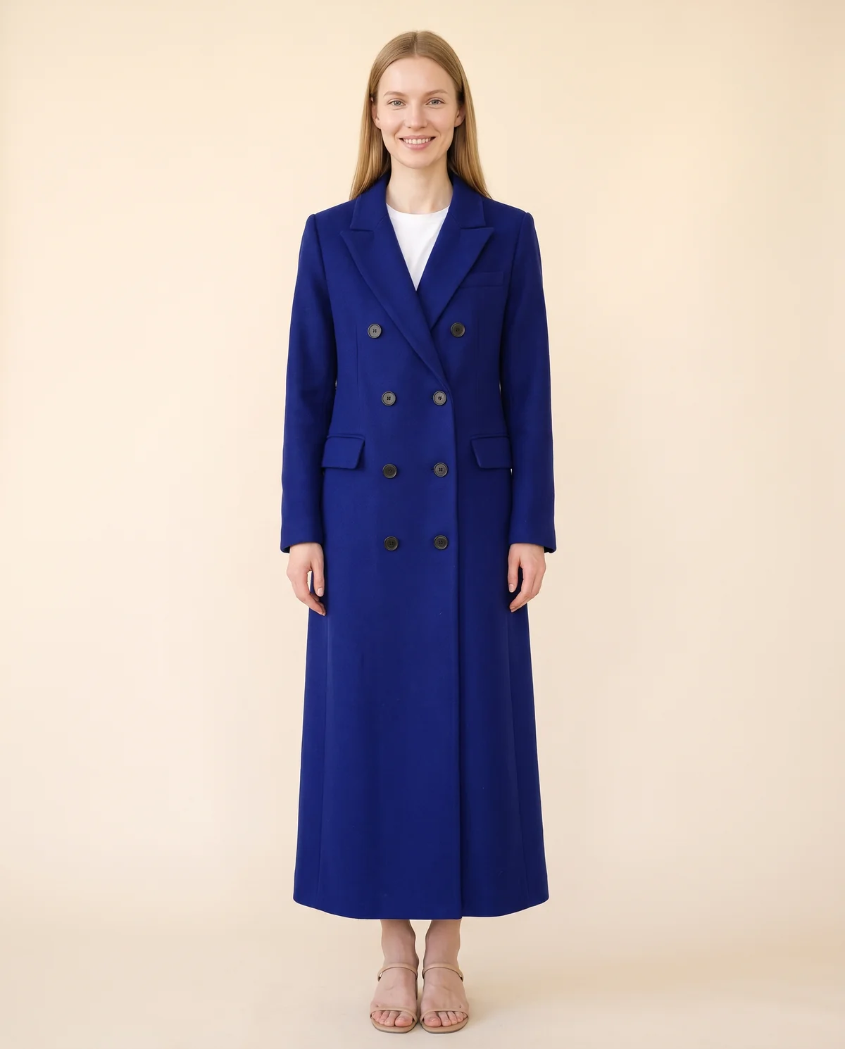 Double-Breasted Maxi Wool-Look Coat with Flap Pockets in Cobalt, front view, worn by Maya
