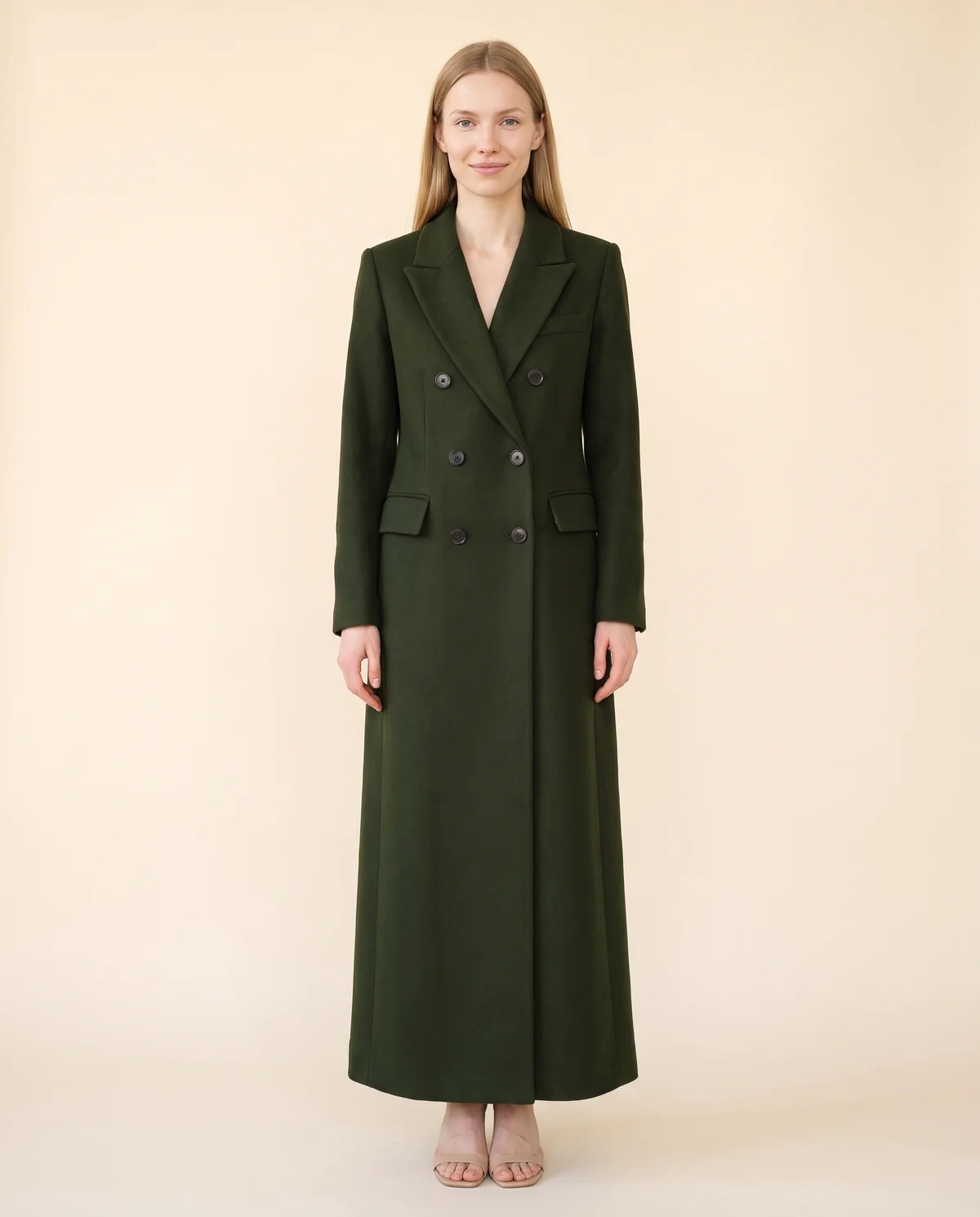 Double-Breasted Maxi Wool-Look Coat with Flap Pockets in Forest, front view, worn by Maya