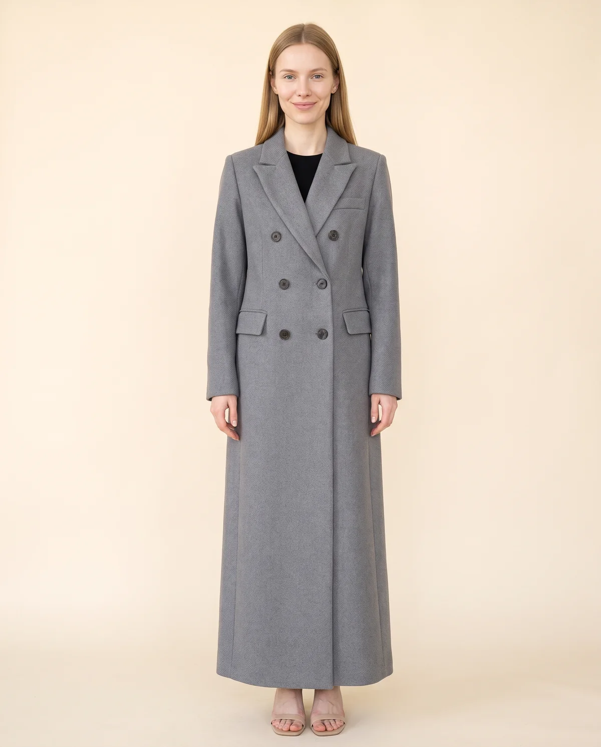 Double-Breasted Maxi Wool-Look Coat with Flap Pockets in Grey, front view, worn by Maya