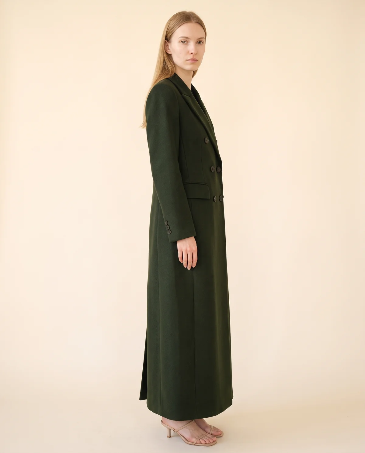 Double-Breasted Maxi Wool-Look Coat with Flap Pockets in Forest, side view, worn by Maya