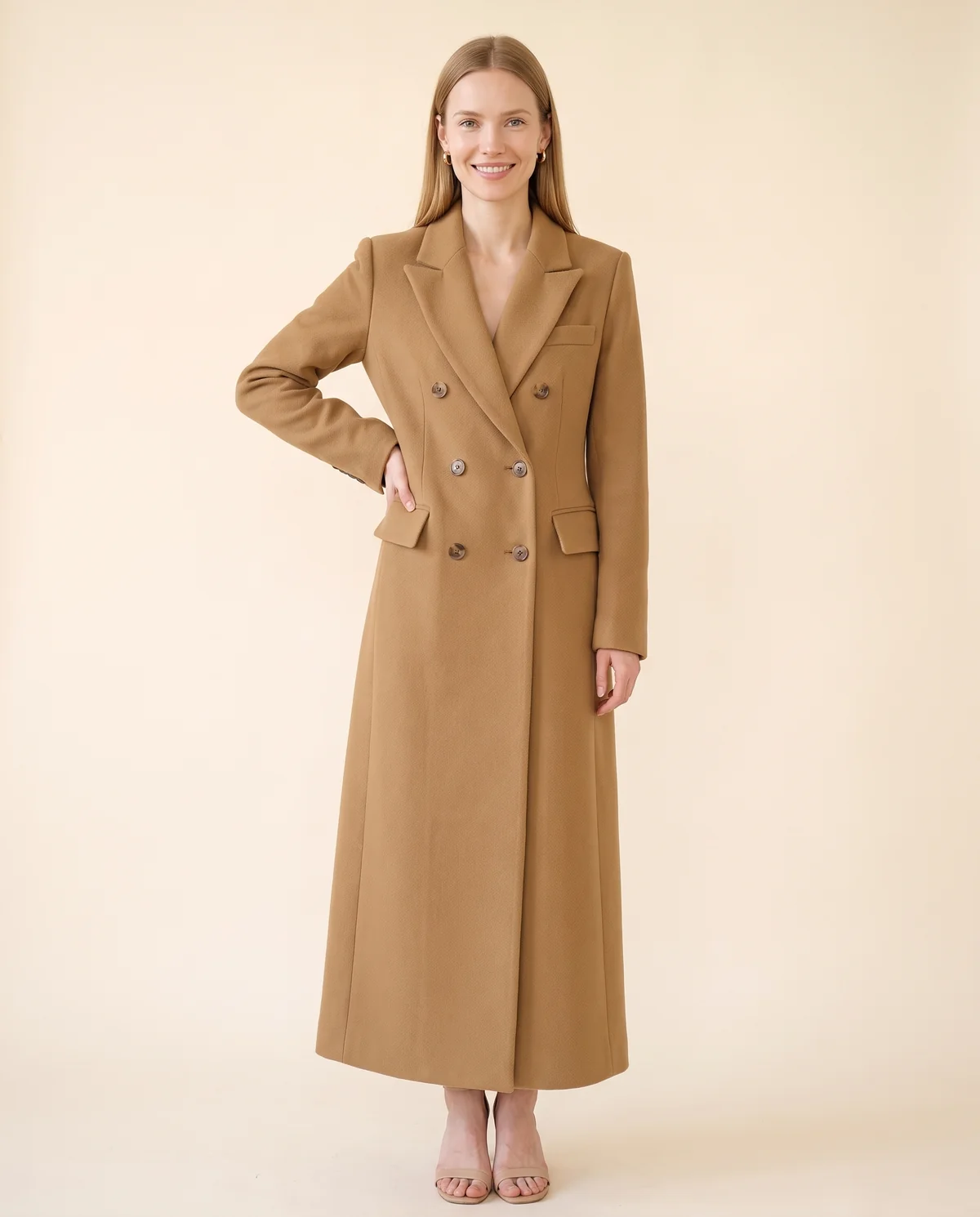 Double-Breasted Maxi Wool-Look Coat with Flap Pockets in Camel, front view, worn by Maya