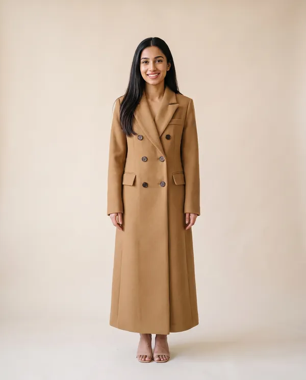 Double-Breasted Maxi Wool-Look Coat with Flap Pockets in Camel, front view, worn by Priya