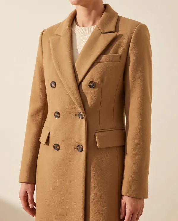 Double-Breasted Maxi Wool-Look Coat with Flap Pockets in Camel, close-up of the detail