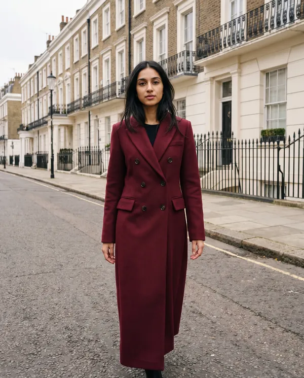 Satin Eve styling: Double-Breasted Maxi Wool-Look Coat with Flap Pockets