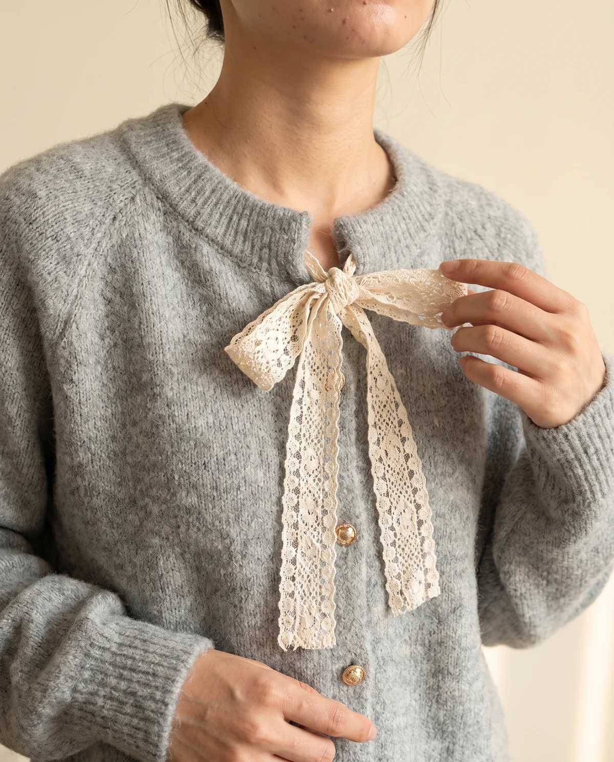 Bow Tie Cardigan and Knit Midi Skirt Set in Light Grey, close-up of the detail