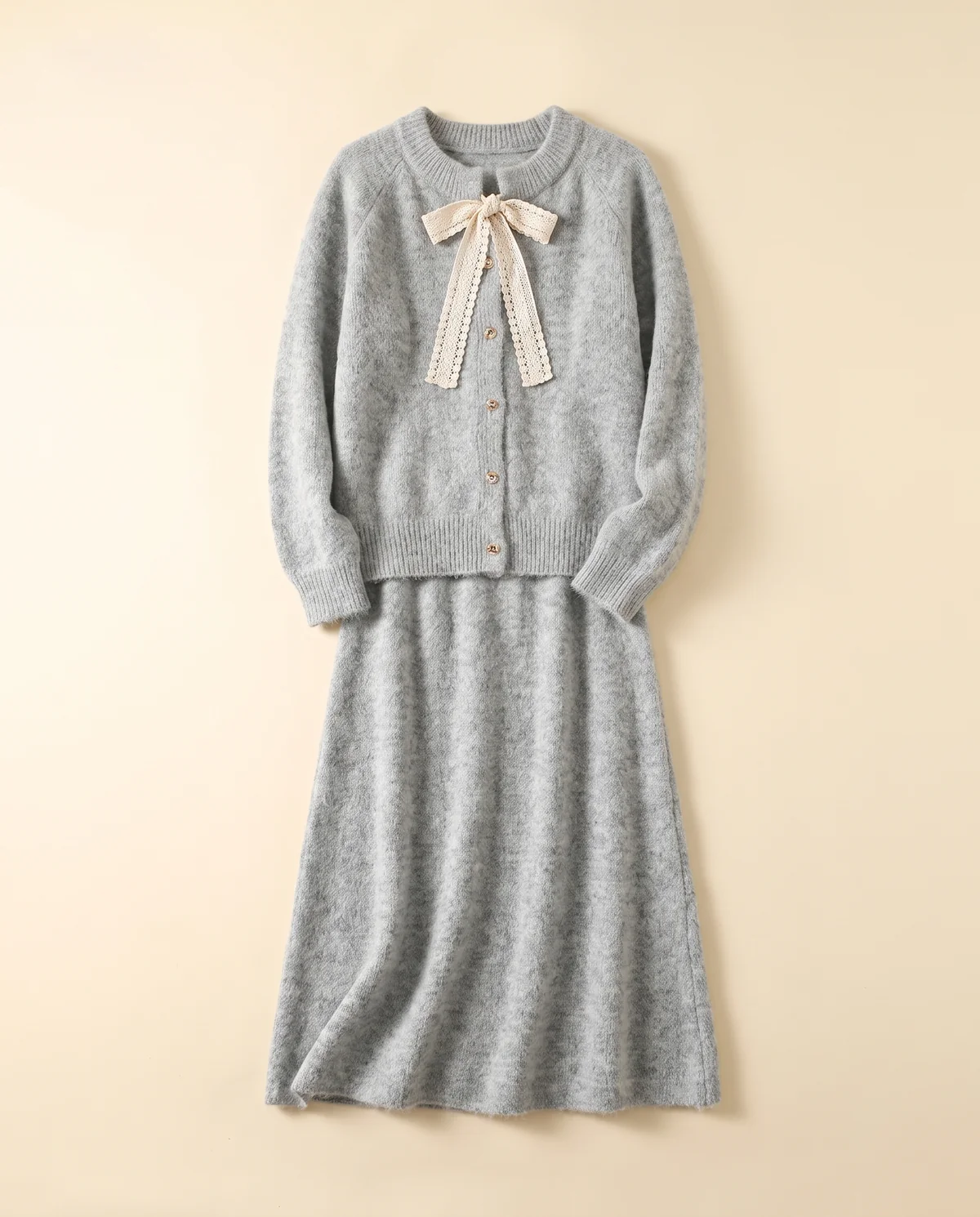 Bow Tie Cardigan and Knit Midi Skirt Set in Light Grey, product shot on a plain background